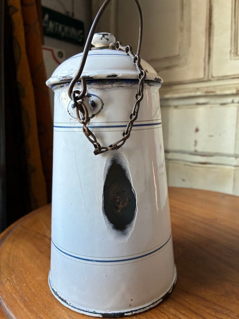 フランス　アンティーク ホーロー ミルク　ポット　キャリー 缶ホワイト　シャビー