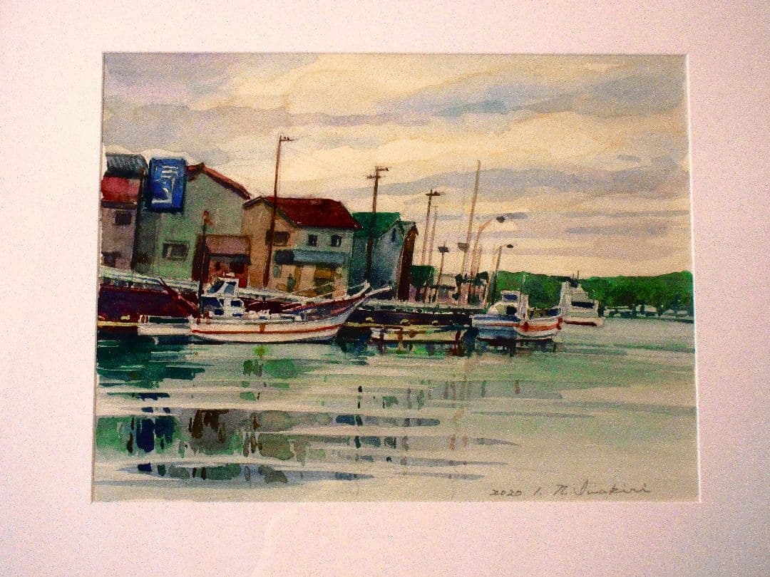 水彩画 港の風景 原画 F6サイズ額装済み