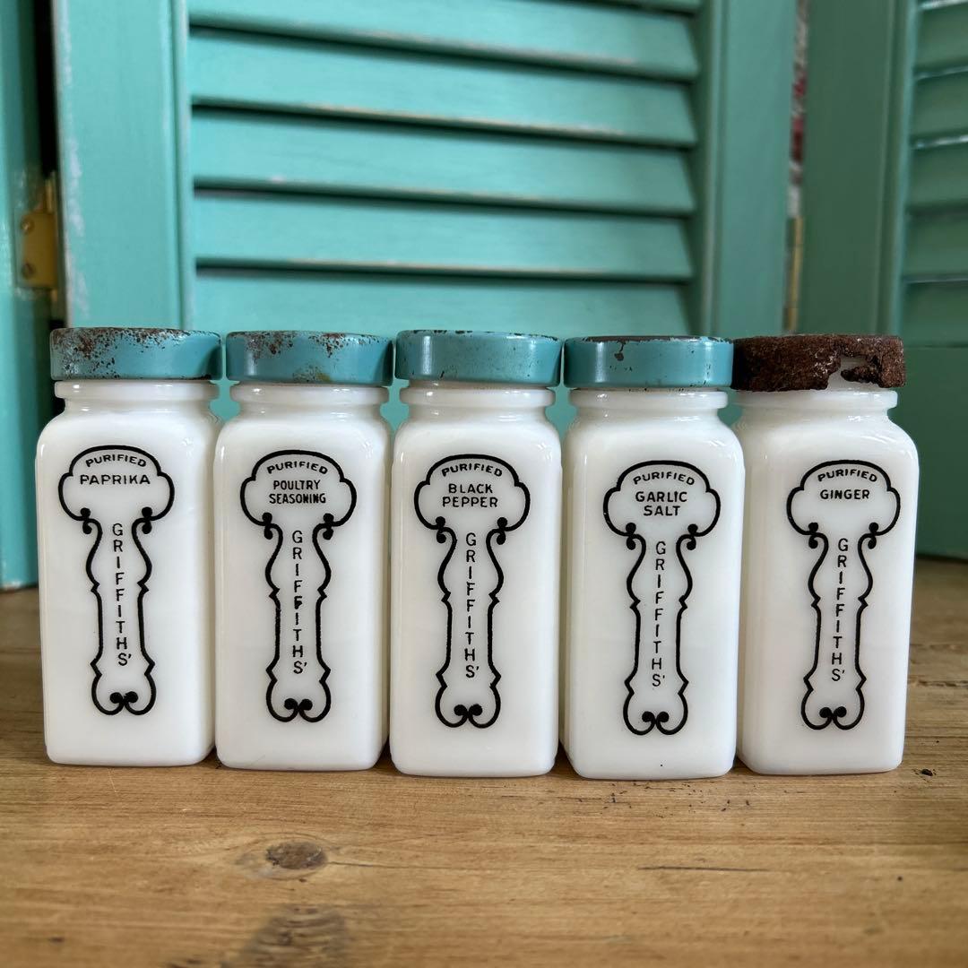 アンティーク　グリフィス　スパイスジャーセット ミルクガラス　ターコイズブルー