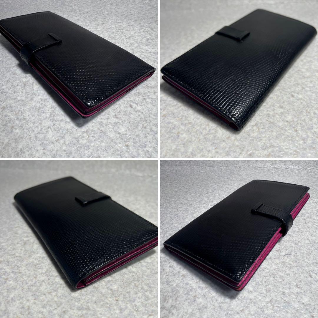 【希少】 HERMES べアンスフレリザード2つ折り長財布シルバー金具ブラック