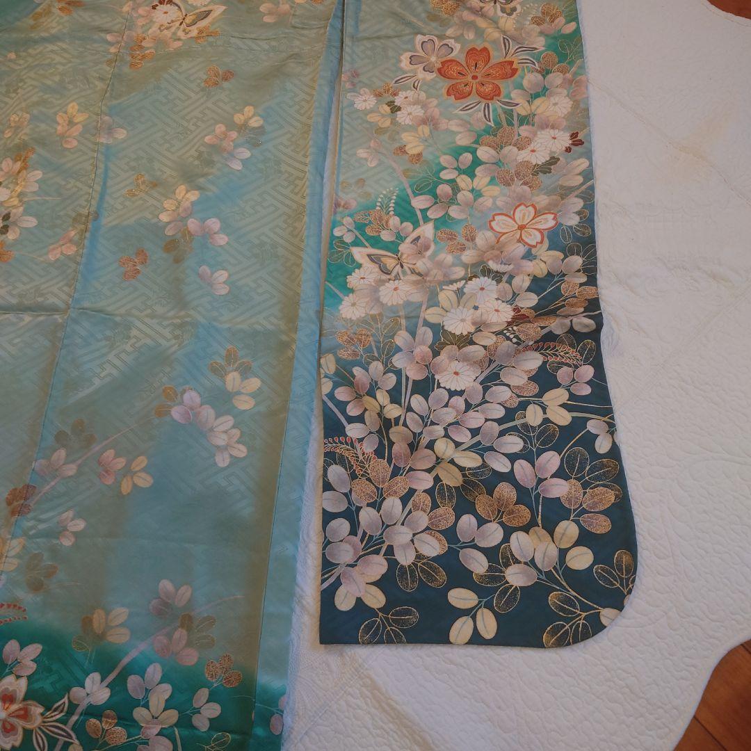 青緑色 花柄 振袖 絹製