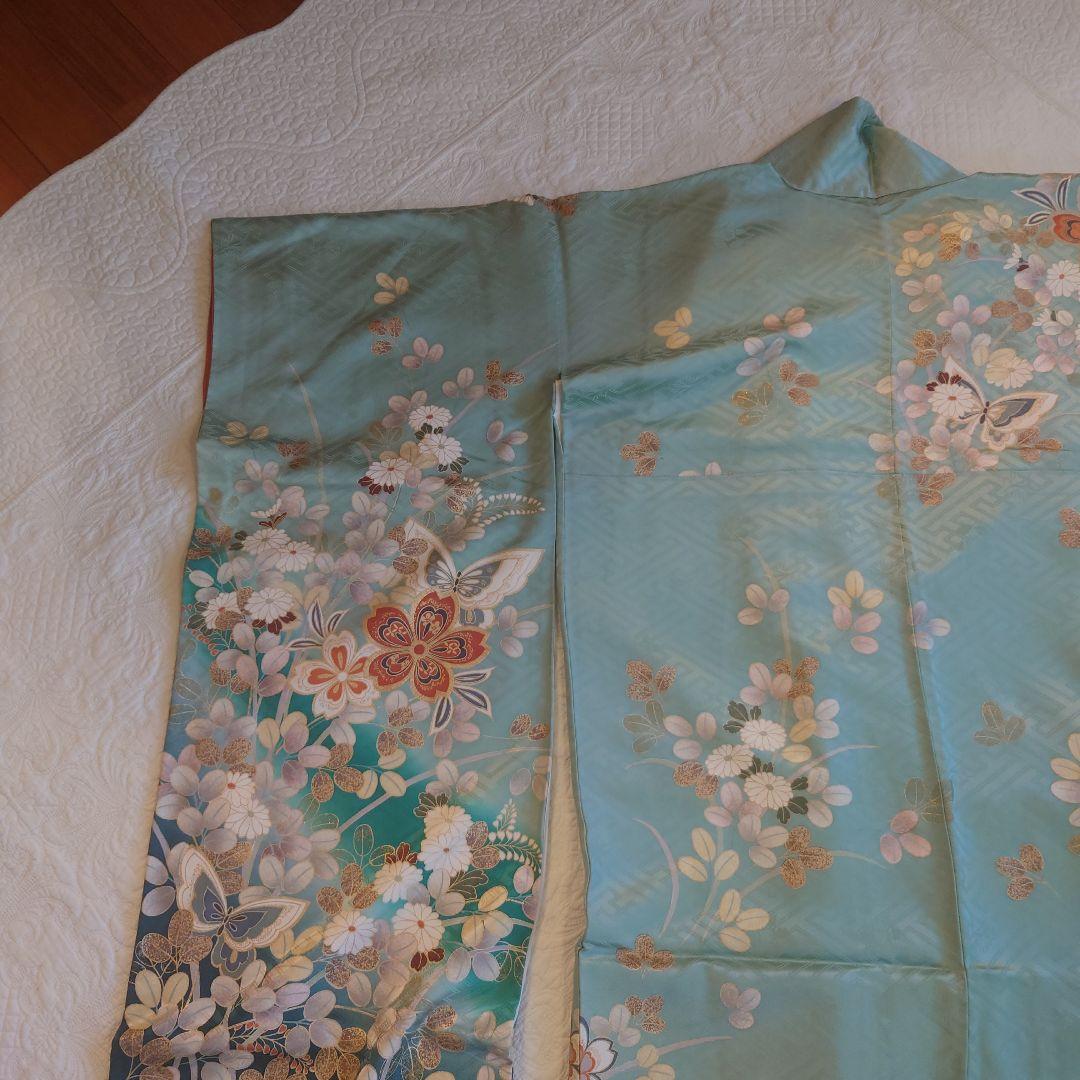 青緑色 花柄 振袖 絹製