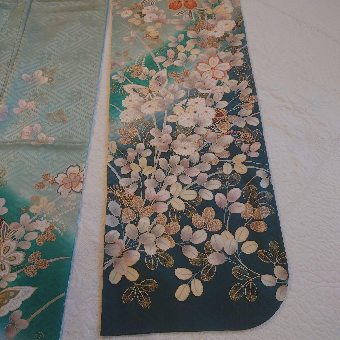 青緑色 花柄 振袖 絹製
