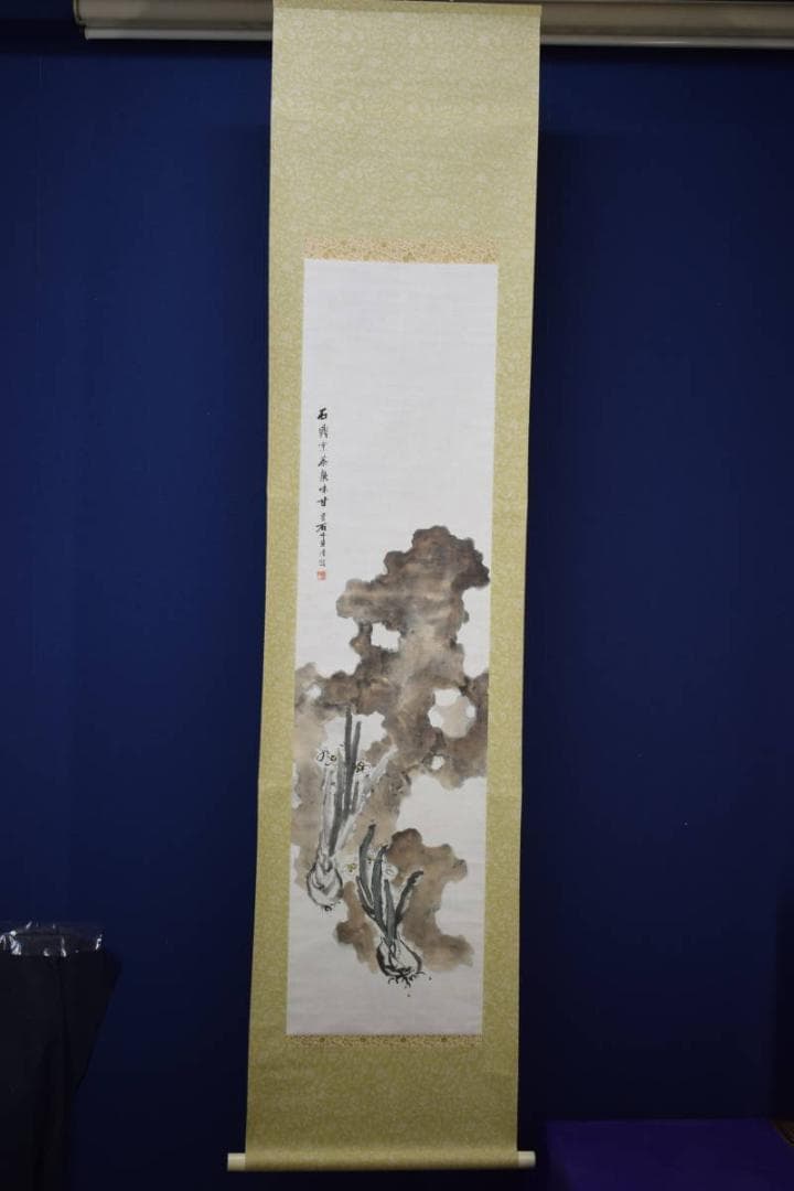 真作/星石/水仙太古石図/布袋屋掛軸HF-253