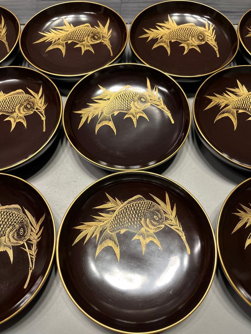 時代　沈金蒔絵　鯛の図　木皿　十枚　木製