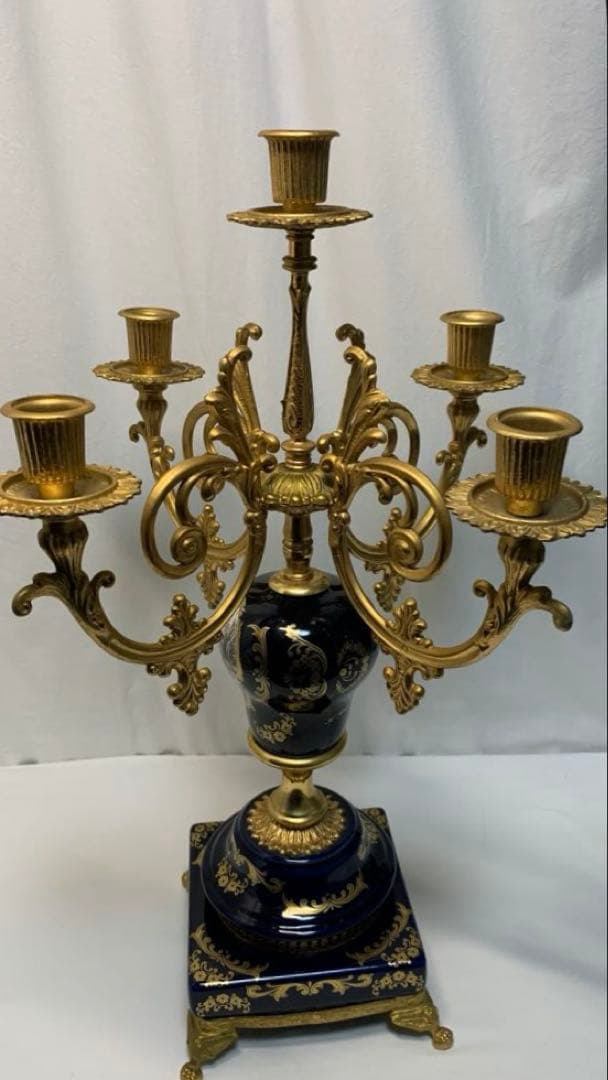 ヴィンテージ伊製コバルトブルー磁器5灯キャンドルスタンドロマンティック調美品豪華