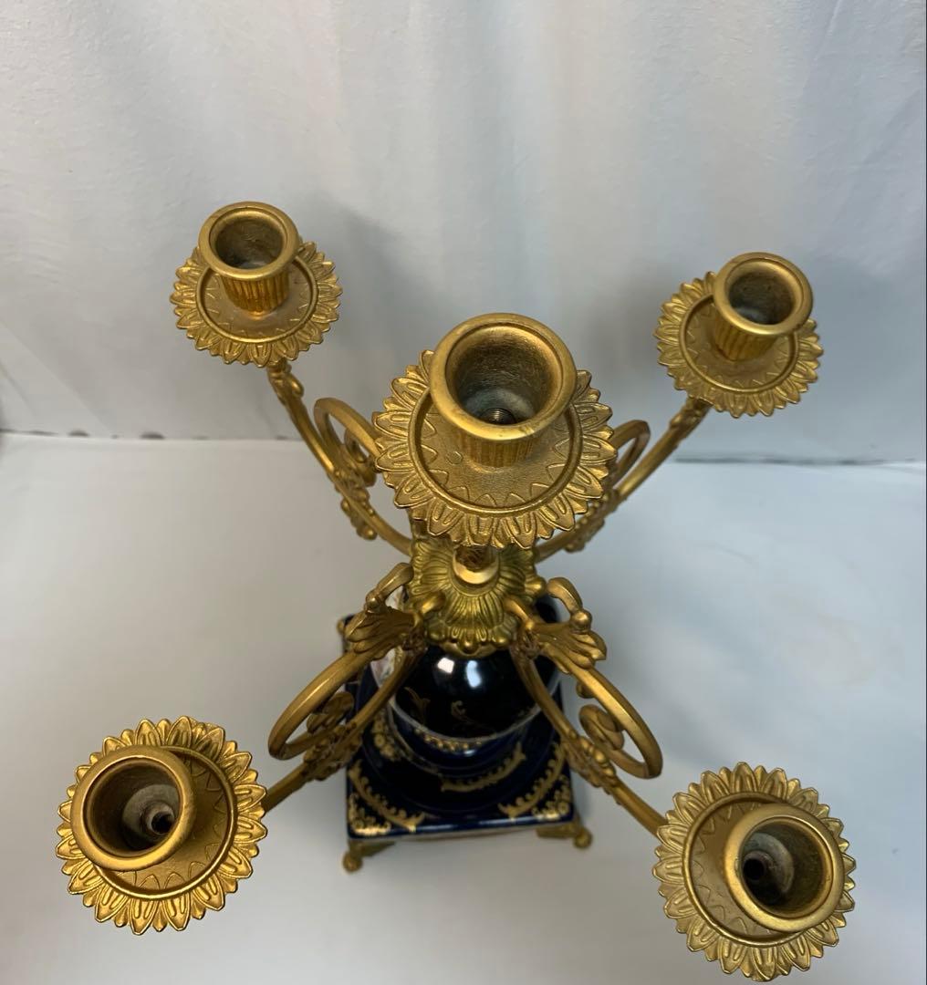 ヴィンテージ伊製コバルトブルー磁器5灯キャンドルスタンドロマンティック調美品豪華