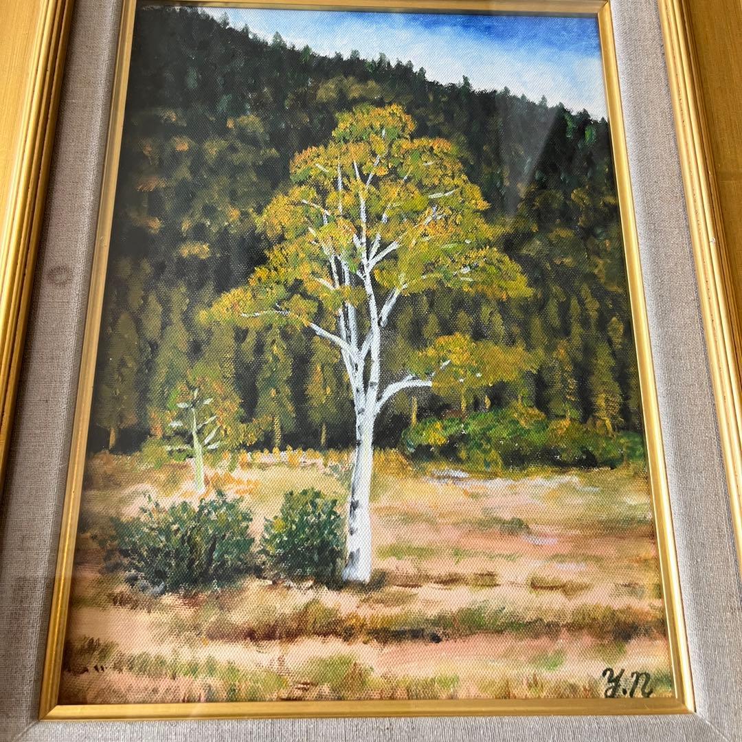 並木保次「貴婦人の白樺」油彩 F4 額装 油絵 油画 絵画 D