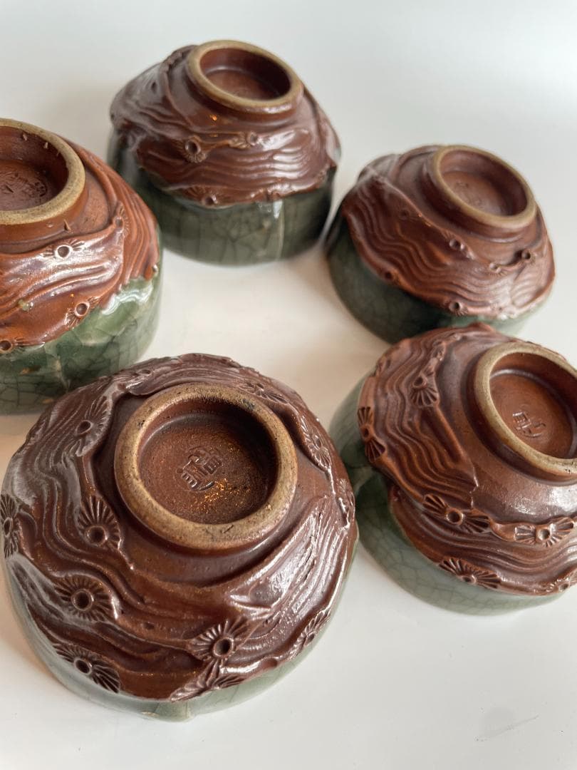 希少 骨董 時代物 大堀 相馬焼 急須 湯のみ 湯呑 湯飲 5客揃 金彩 美品