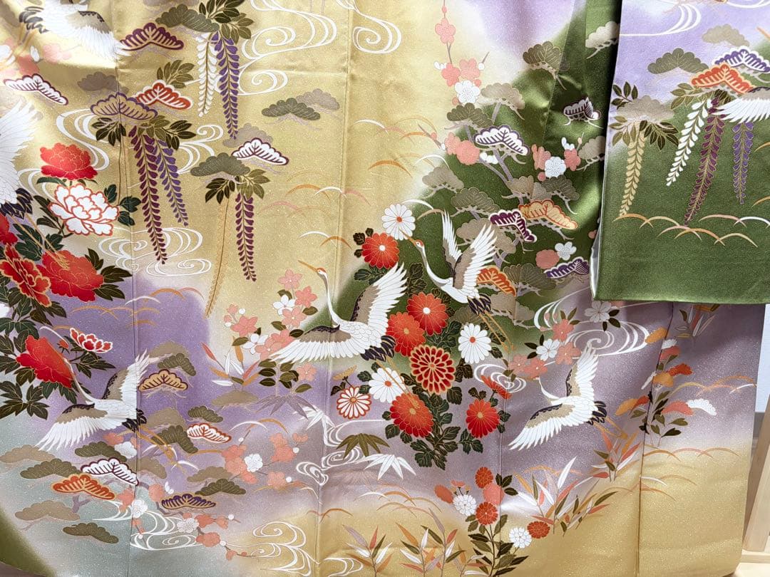 B5 鶴に季節の花々 金彩 正絹 袷 振袖 着物 成人式 K15