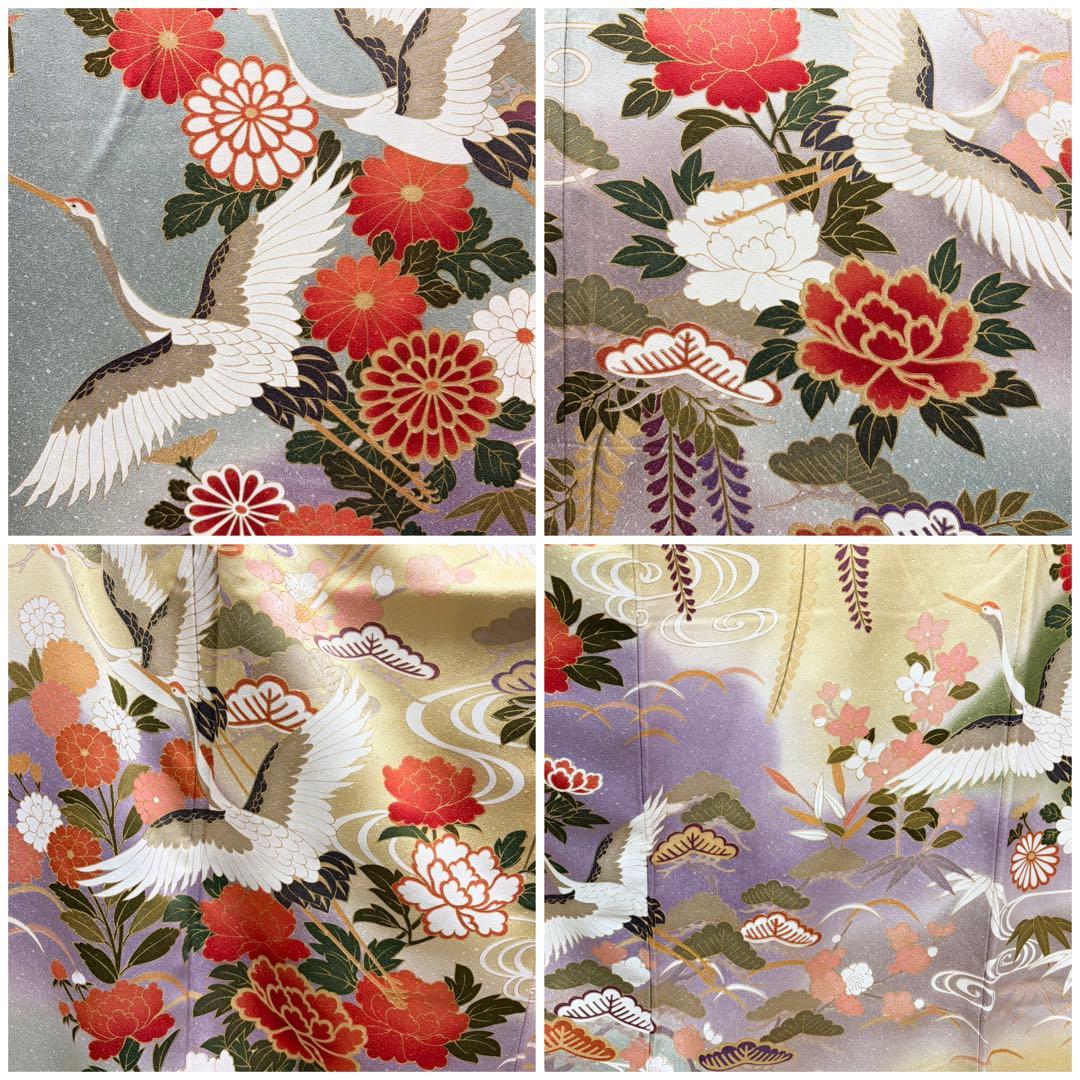 B5 鶴に季節の花々 金彩 正絹 袷 振袖 着物 成人式 K15