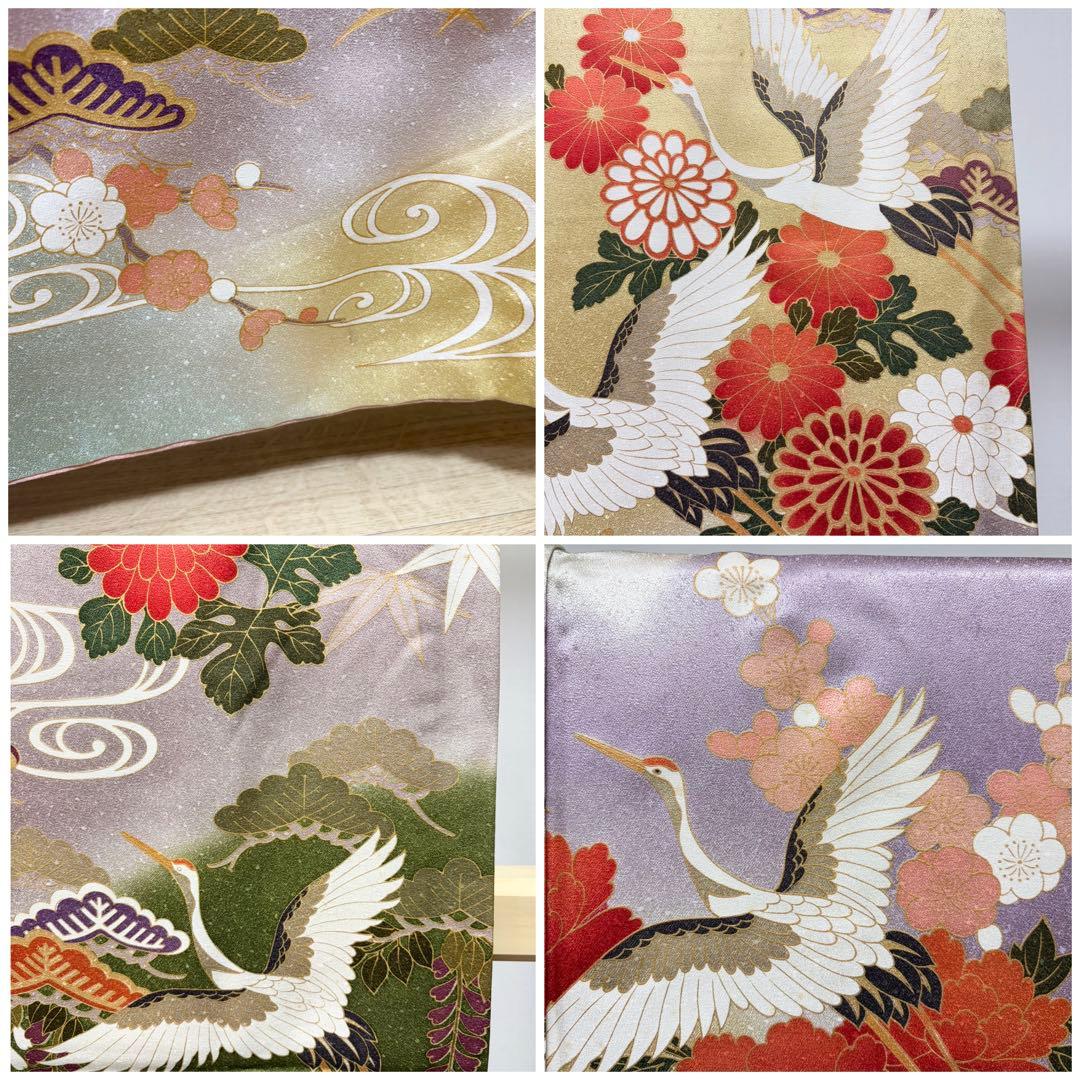 B5 鶴に季節の花々 金彩 正絹 袷 振袖 着物 成人式 K15