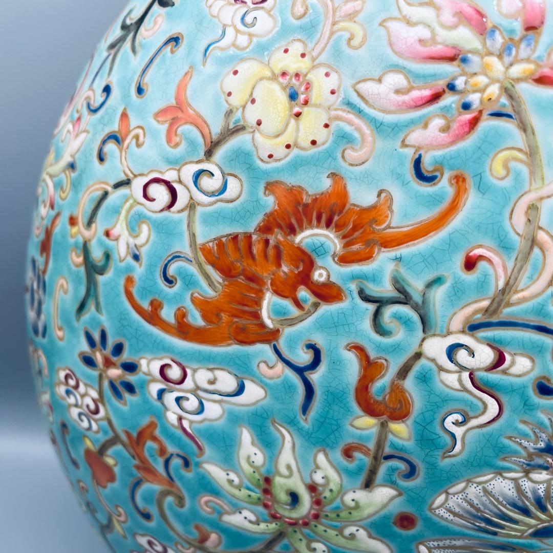 【清】陶磁器 神獣紋 大清乾隆年製 粉彩双耳花瓶 中国美術 41cm 古杉箱入