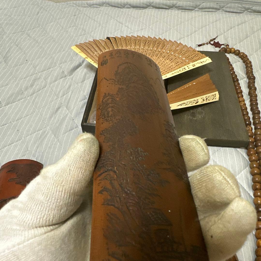 中国 日本時代物白檀念珠紫檀香筒竹彫 詩文 人物 山水 茶道具アンティークまとめ