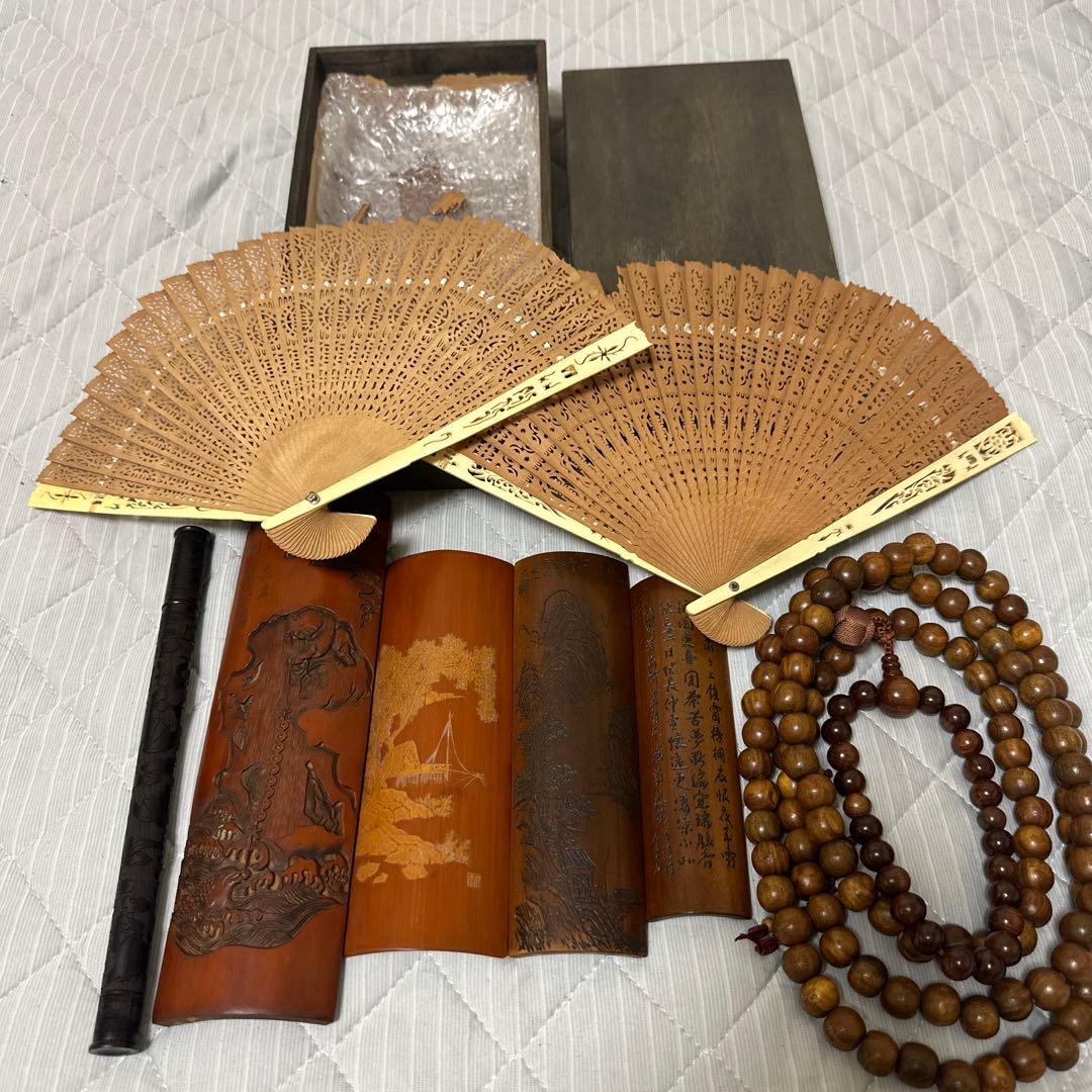 中国 日本時代物白檀念珠紫檀香筒竹彫 詩文 人物 山水 茶道具アンティークまとめ