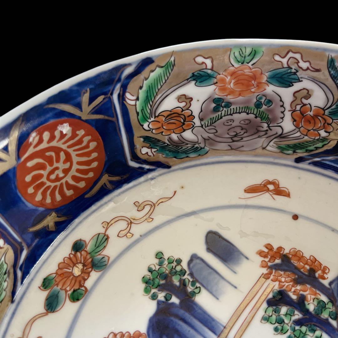 骨董品 古伊万里 二重高台鉢 アンティーク 花蝶 山水人物図 明治時代 伊万里