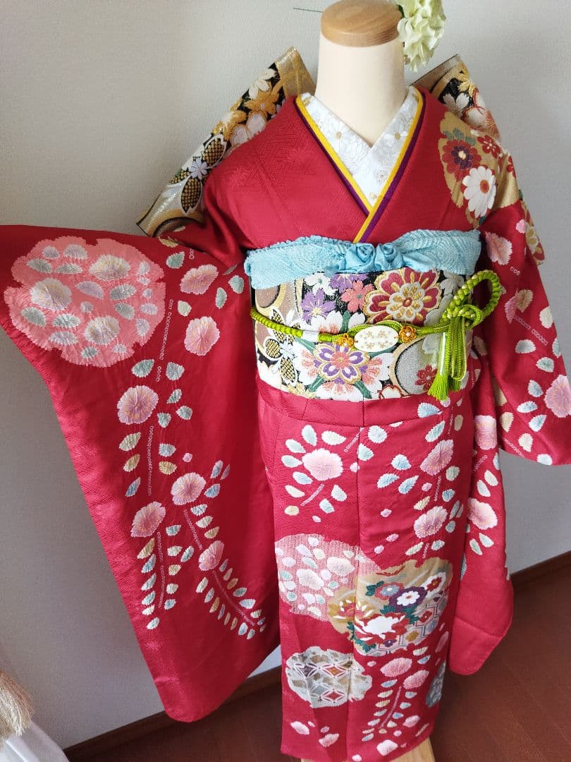 436.高級！！手仕事の花絞りと雪輪　振袖5点セット　正絹　フルセット　成人式