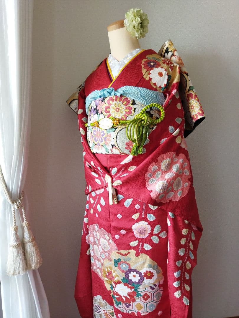 436.高級！！手仕事の花絞りと雪輪　振袖5点セット　正絹　フルセット　成人式