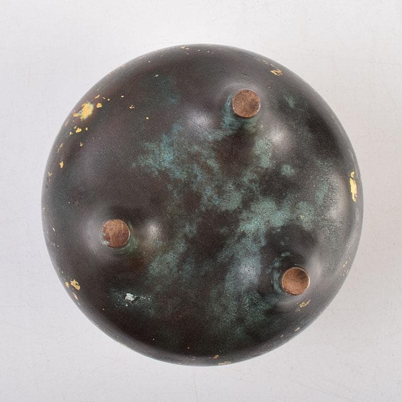 中国　古銅宣徳銅　灑金　三足香炉　火屋付　Y　R9437