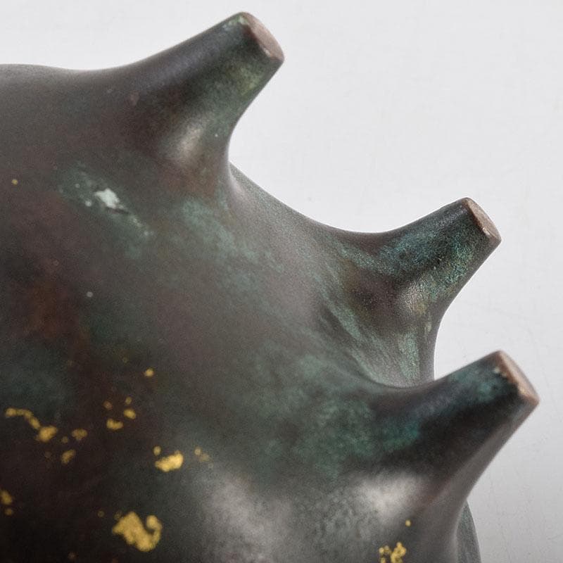 中国　古銅宣徳銅　灑金　三足香炉　火屋付　Y　R9437