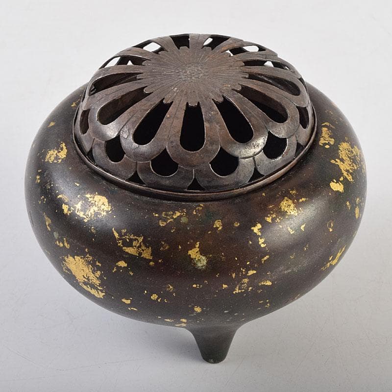 中国　古銅宣徳銅　灑金　三足香炉　火屋付　Y　R9437