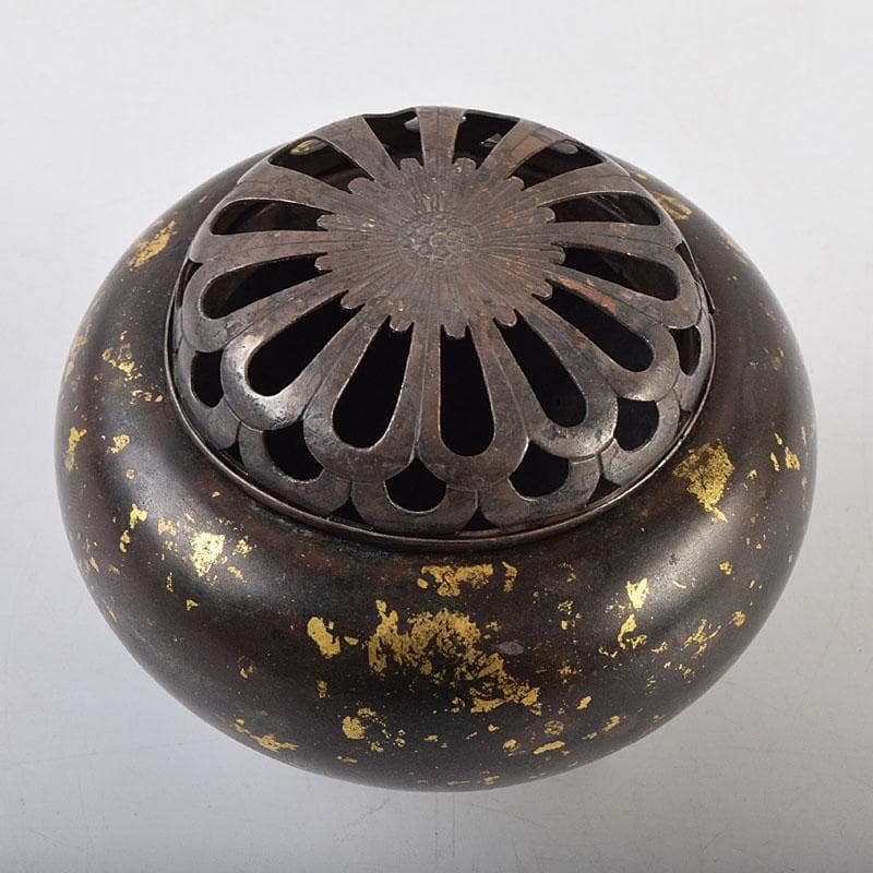 中国　古銅宣徳銅　灑金　三足香炉　火屋付　Y　R9437