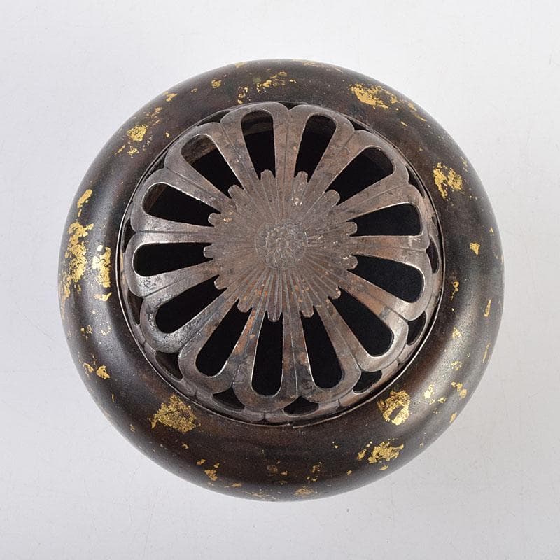 中国　古銅宣徳銅　灑金　三足香炉　火屋付　Y　R9437