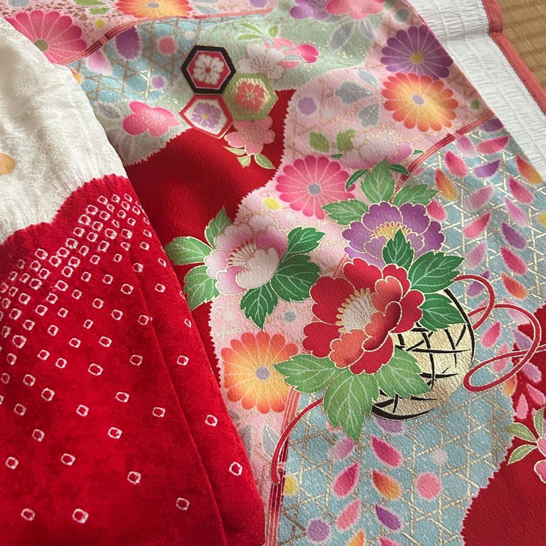 七五三 3歳 絞り 被布 着物 絹 三歳 赤 草履 753 女の子 子供着物 白