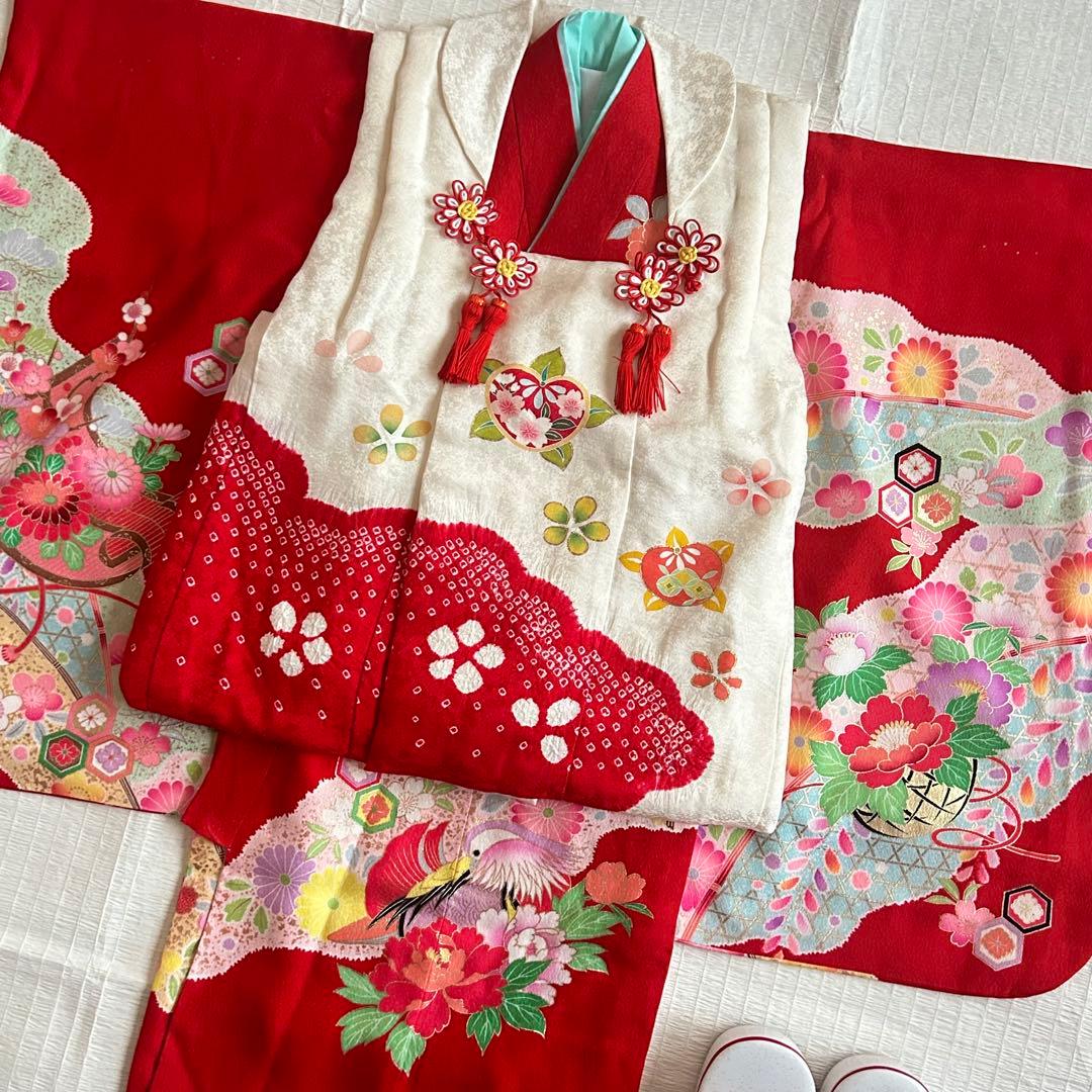 七五三 3歳 絞り 被布 着物 絹 三歳 赤 草履 753 女の子 子供着物 白
