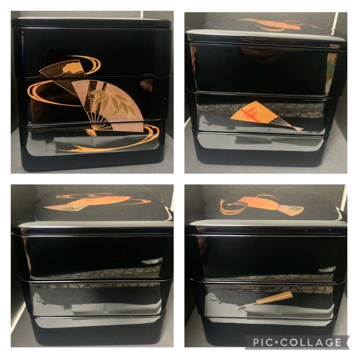 天然木 うるし塗り 漆塗 三段重箱 扇面蒔絵 三段 重箱