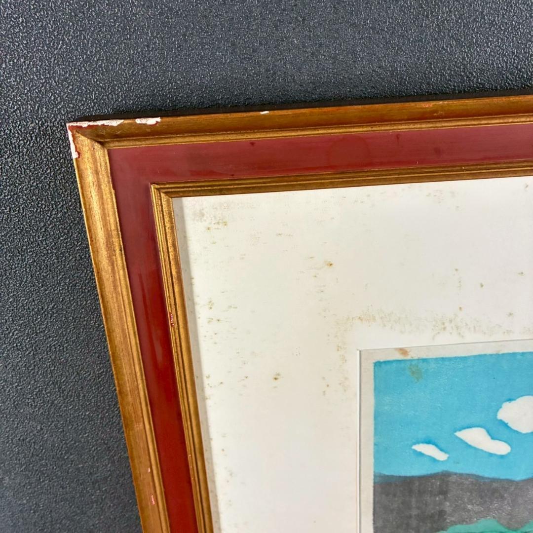 川西英「競馬場（淀）」木版画 直筆サイン入 額縁入 神戸を代表する木版画家