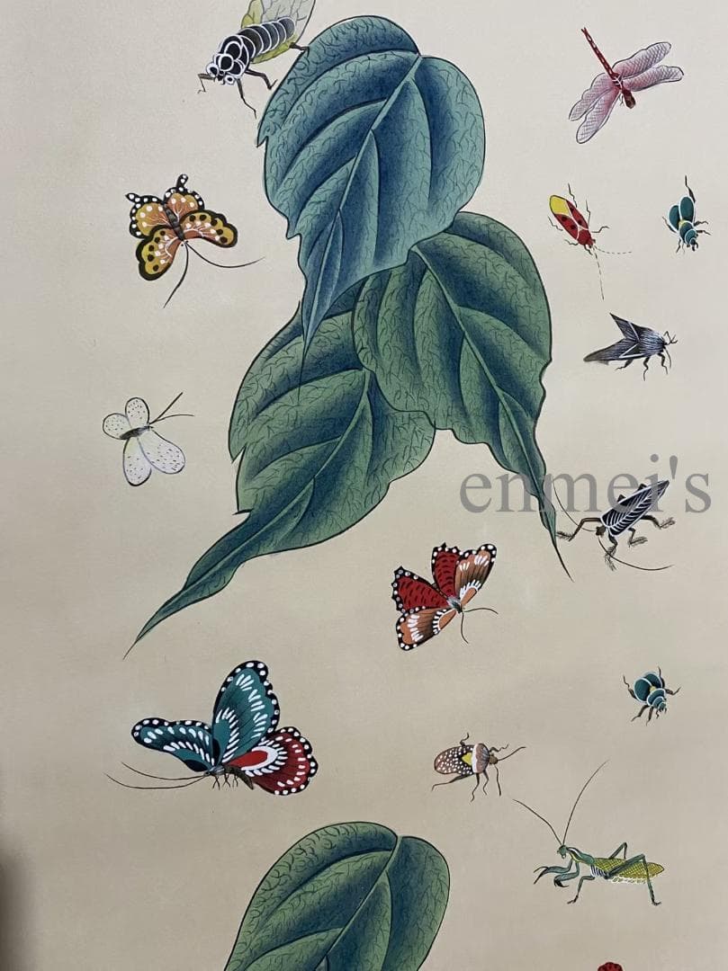 中国古美術 近代 齊白石款 昆虫と葉の掛軸 宣紙 肉筆 唐物 書画 名家作 旧蔵