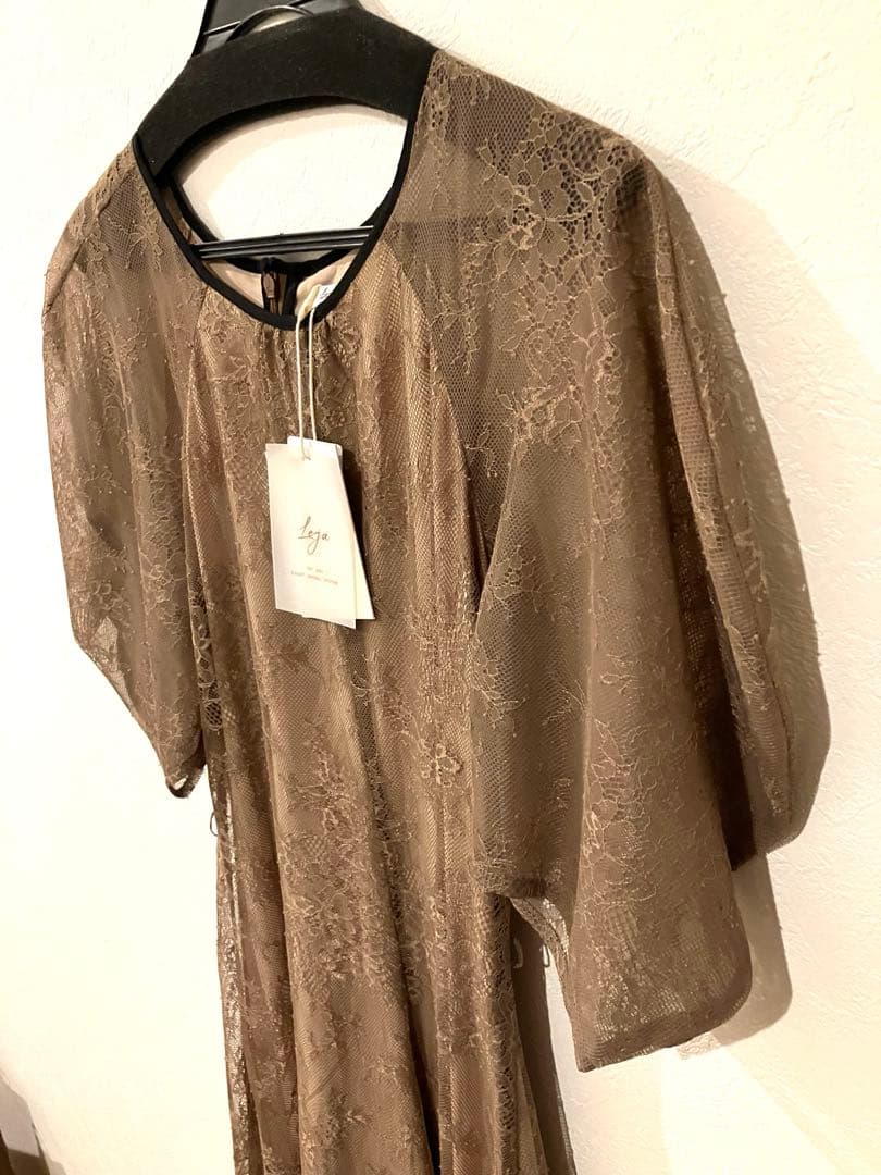 【LEJA】パフスリーブウエストリボン総レースロングドレス