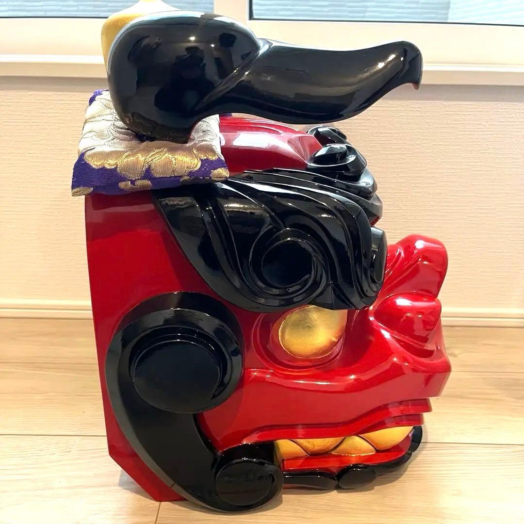 .【大ぶり】獅子舞　獅子頭　木彫魔除け　祭　置物　古美術　神楽 木製 木彫 正月