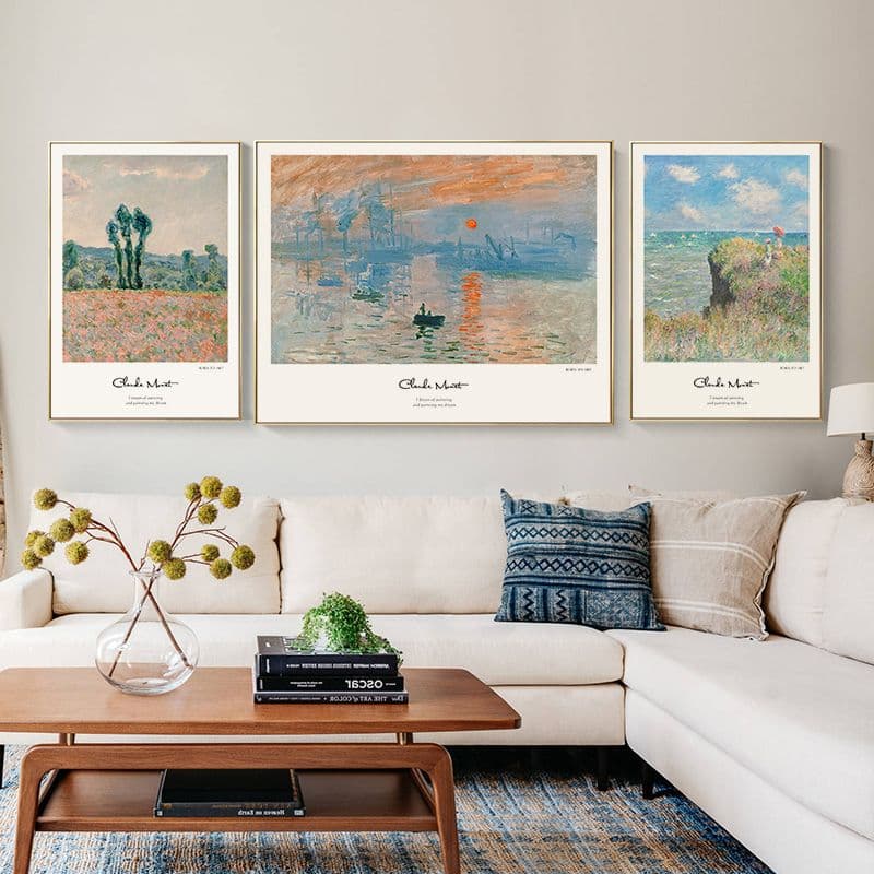 モネの名画日の出印象派の油絵現代のシンプルなリビングの装飾の絵3連ソファの背景の