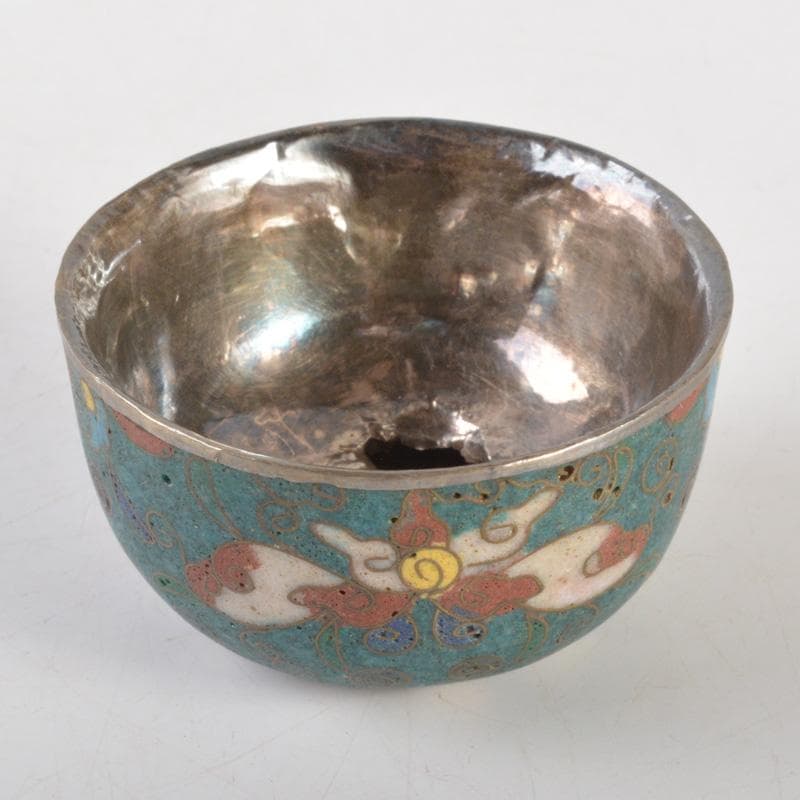 中国　唐物　古七宝内銀張　花文　盃　時代箱付　V　6485