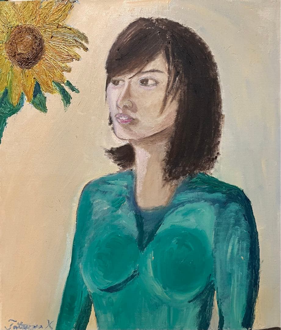 向日葵と女　自作絵画　油彩画　F10