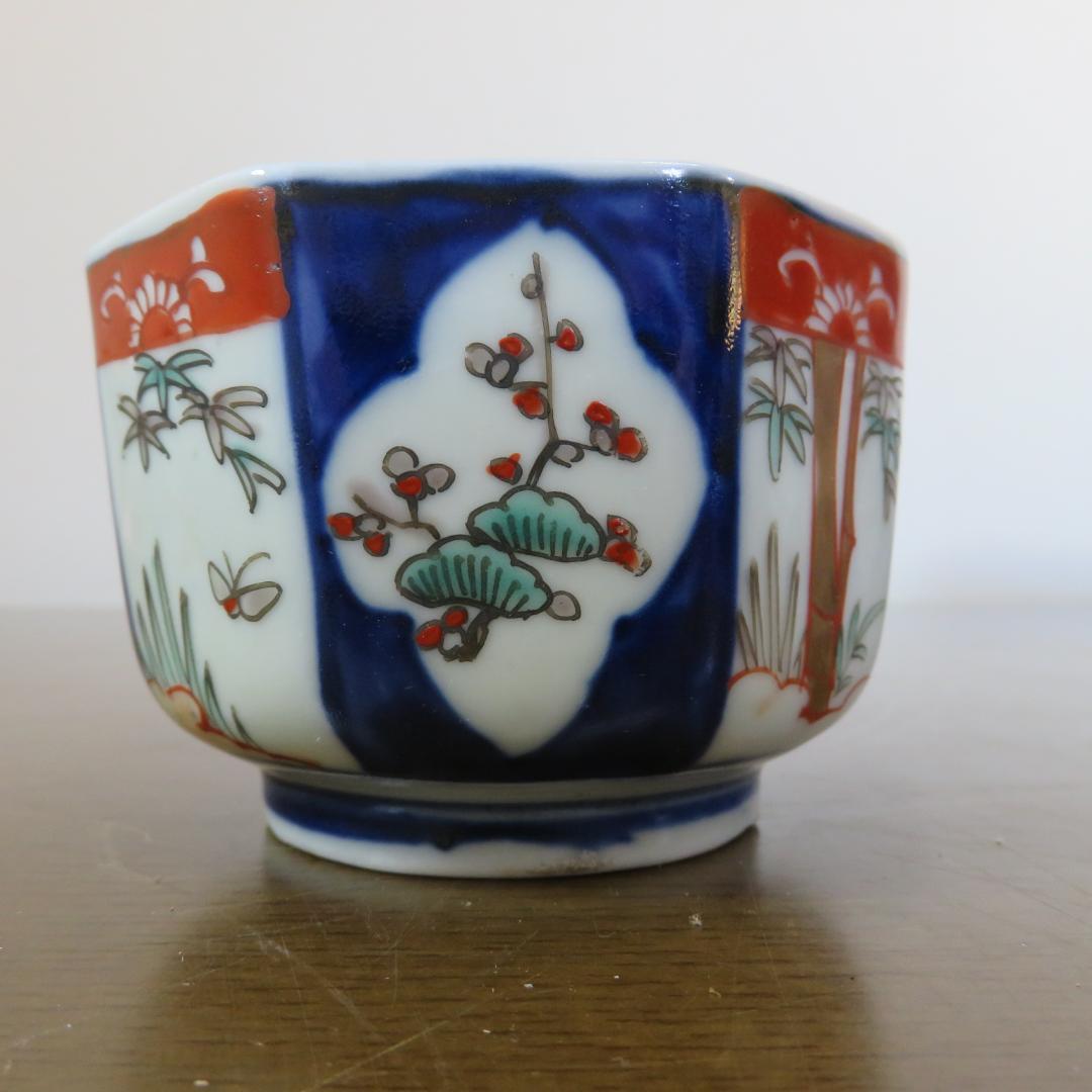 小鉢 向付 染付 色絵付け 江戸 明治 松竹梅 蝶 八角鉢 5客 美品