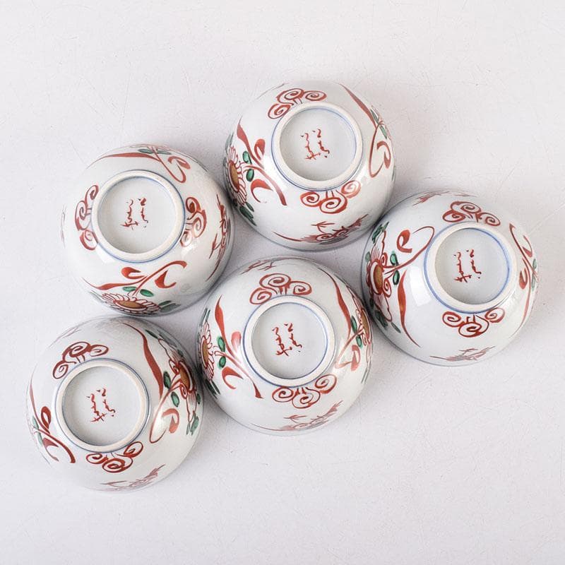 九谷焼　須田青華造　呉須赤絵写し　福字花文　煎茶碗　五客　共箱　M　R9018