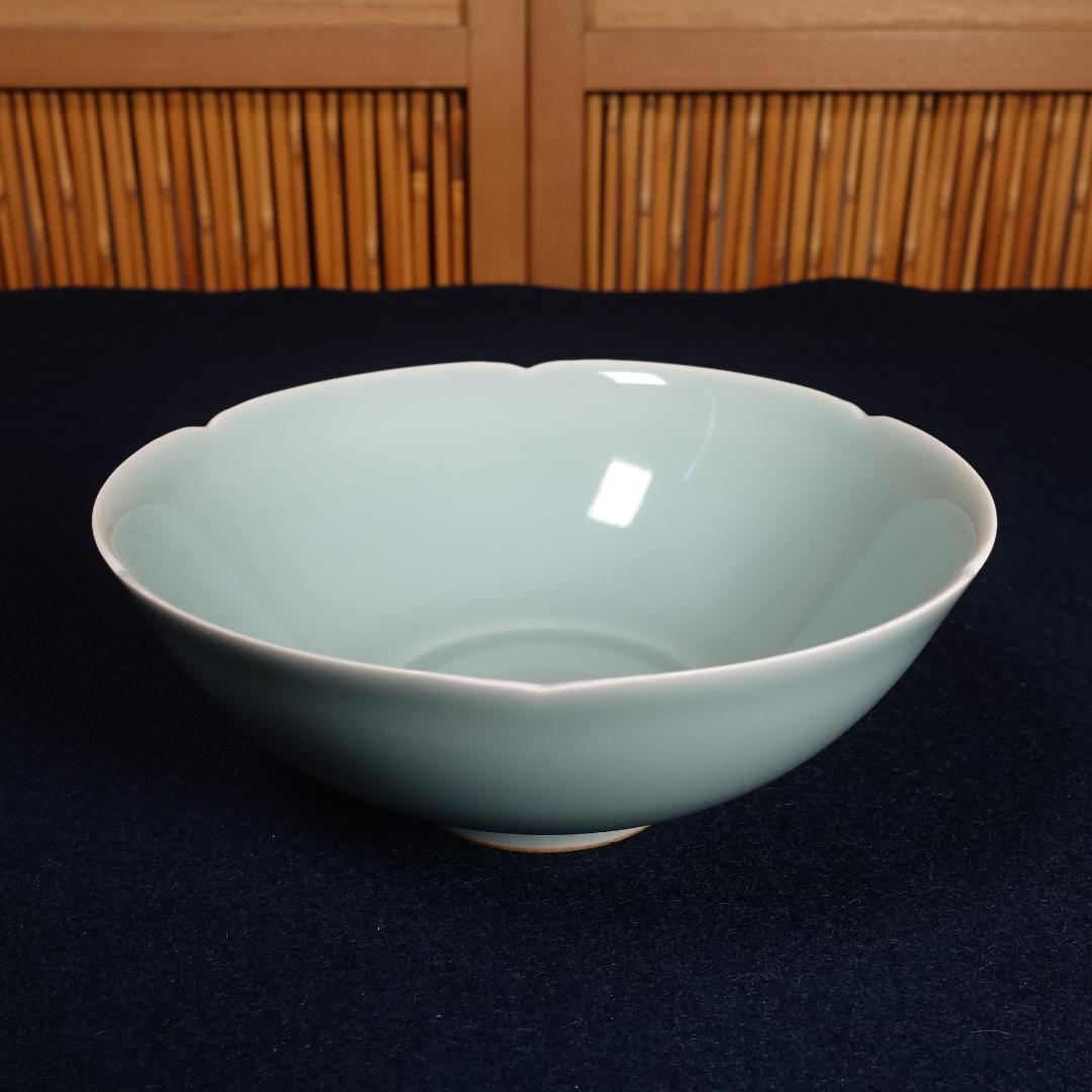 二代 加藤渓山造 砧青瓷 馬蝗絆茶碗 共箱 茶道具