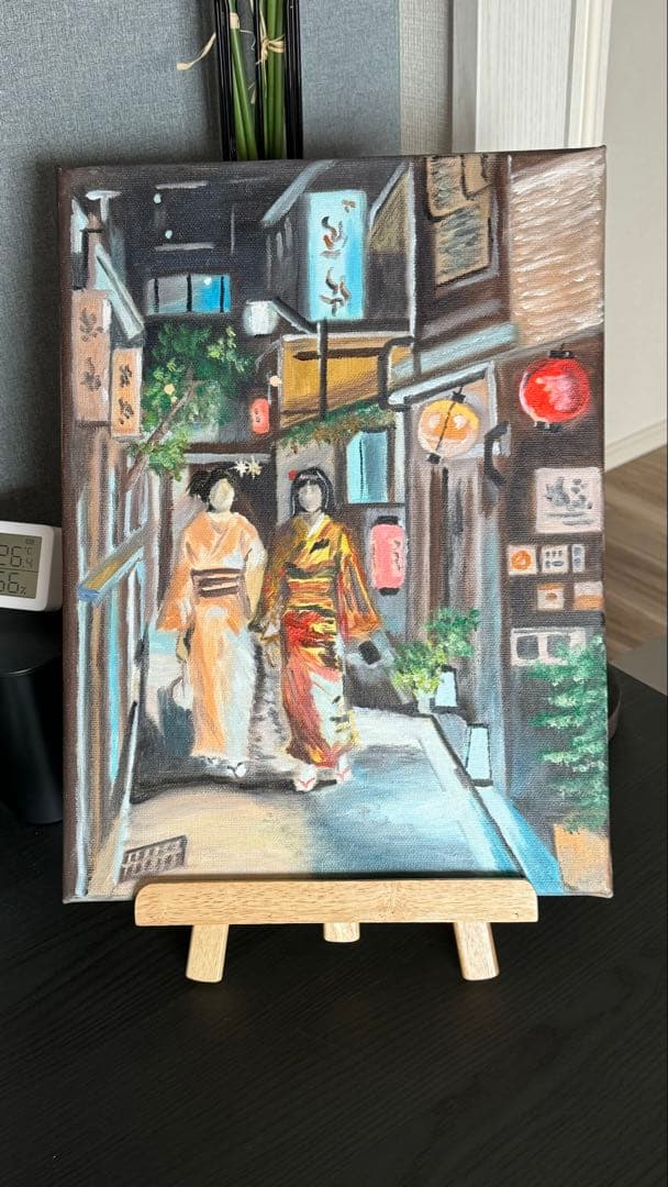 「京都の路地裏」　手描き　油絵　風景画　原画　油彩画　京都
