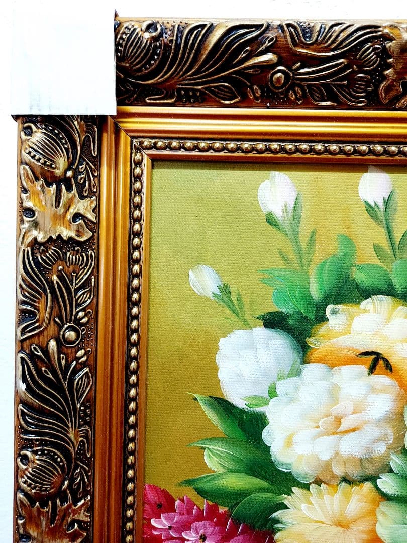 油絵　美品　高級額付　洋風　手書き　花3