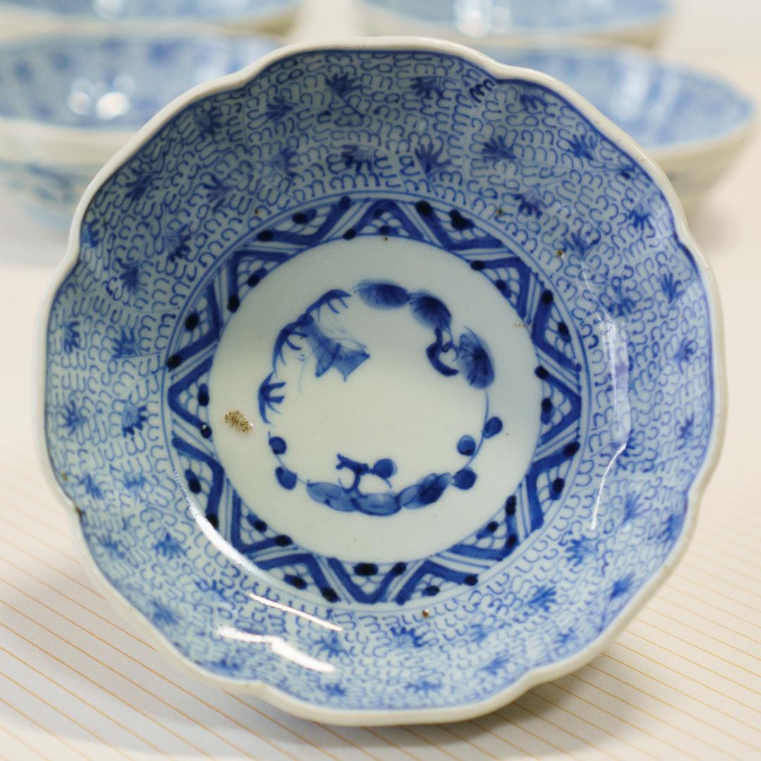 古伊万里　染付　微塵唐草 輪花縁　なます皿　成化年製 5枚セット