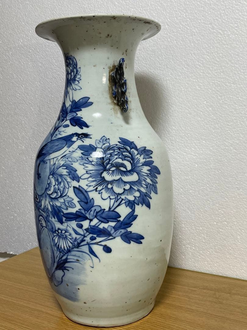 中国古玩　染付 双耳 大花瓶 高約43.2cm 清朝 時代物 中国美術 花瓶