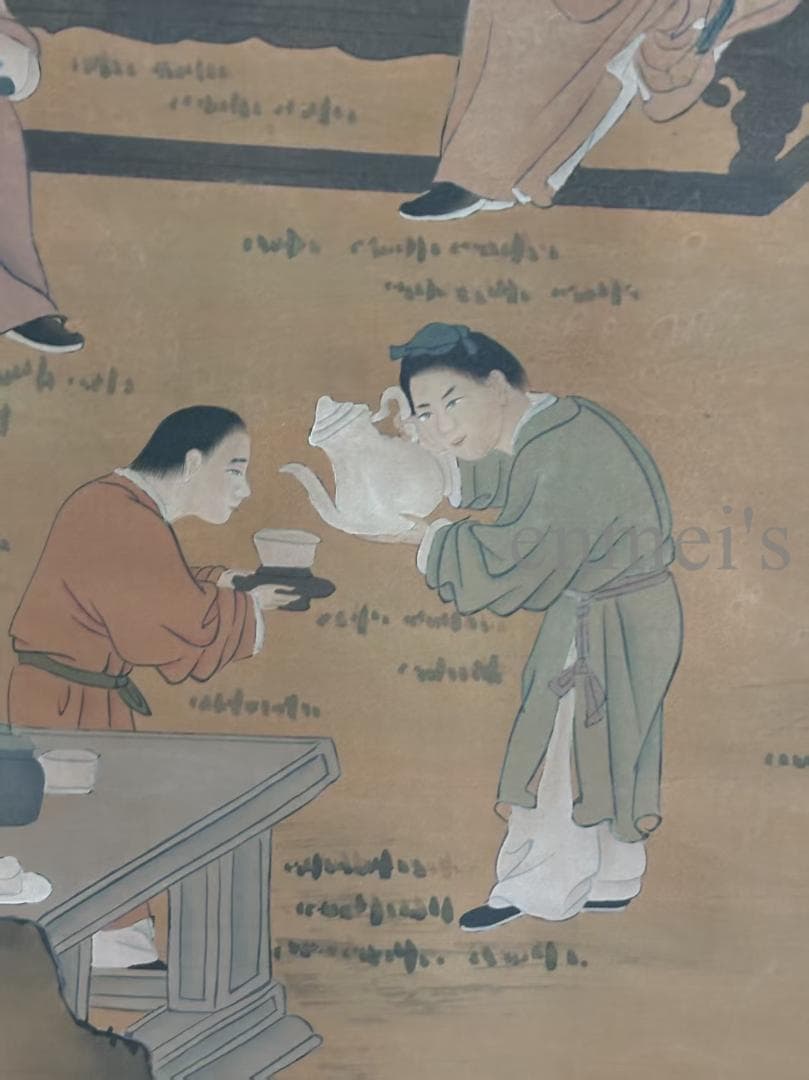 中国古美術・純手描き柳陰対弈図・六尺掛軸・水彩画・唐寅印款・書道品・絹本・肉筆
