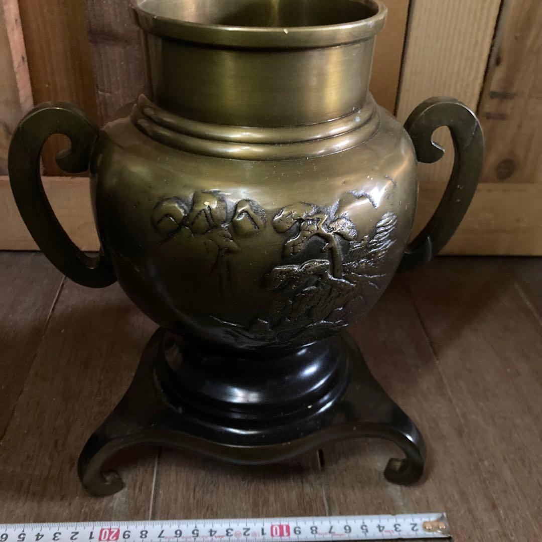 華道具　池坊　薄端　銅製花器　花入　生け花　三足　唐金製　山水　銅器　インテリア