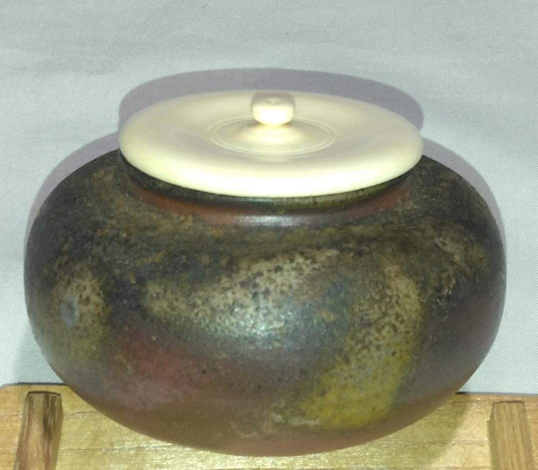 茶道具　備前焼　木村陶峰作　備前桟切焼大海茶入　高昌吉洋文仕覆付　美品！！
