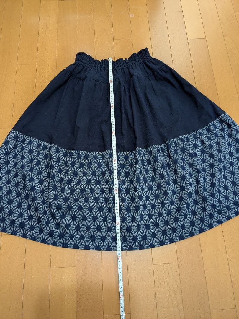 久留米絣　手織り　ネイビー フレアスカート 切り替え　藍暦　AIGOYOMI