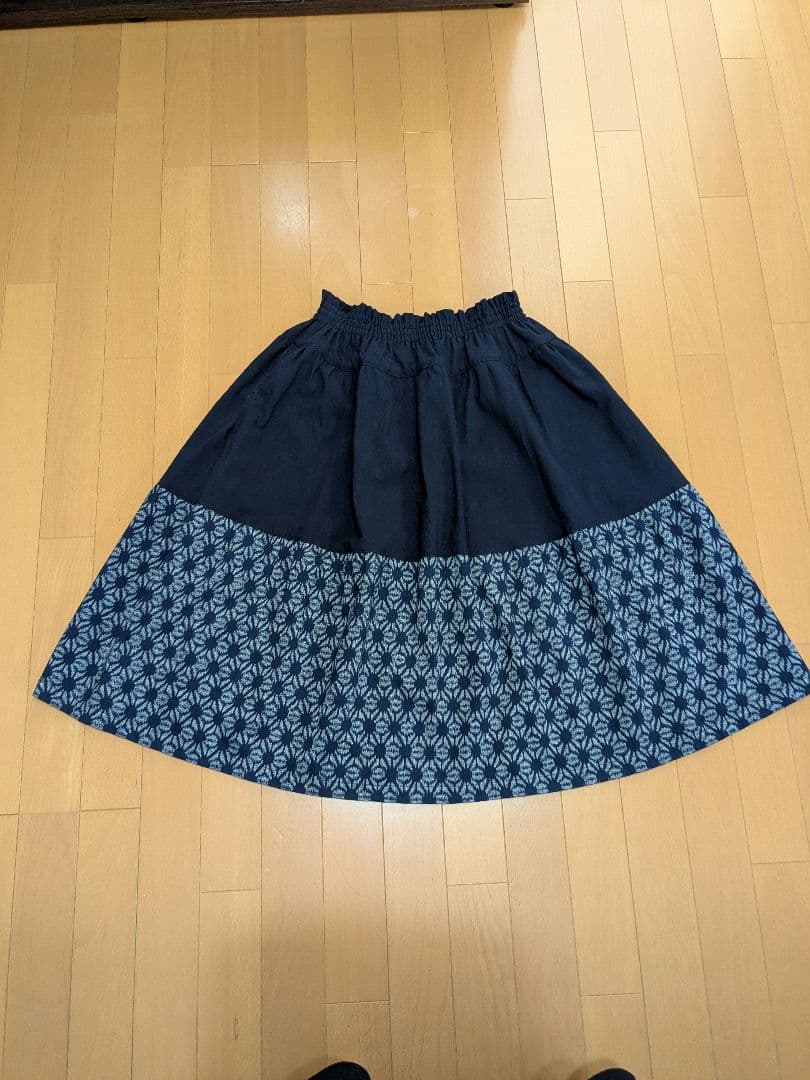 久留米絣　手織り　ネイビー フレアスカート 切り替え　藍暦　AIGOYOMI