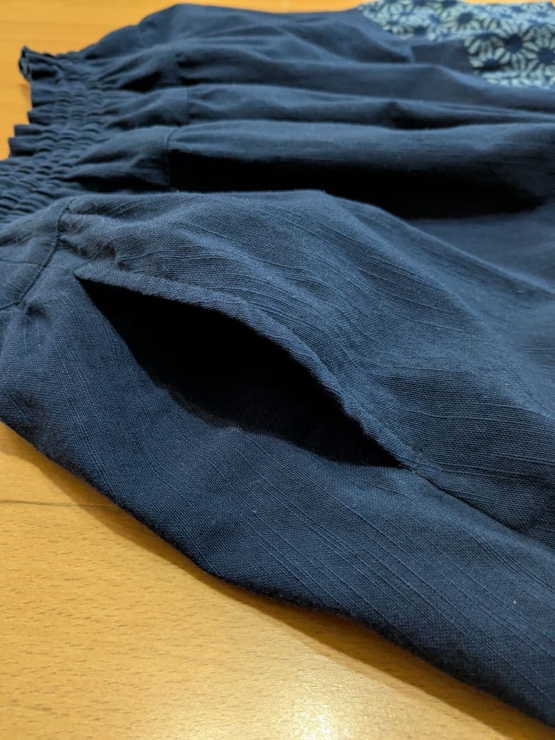 久留米絣　手織り　ネイビー フレアスカート 切り替え　藍暦　AIGOYOMI